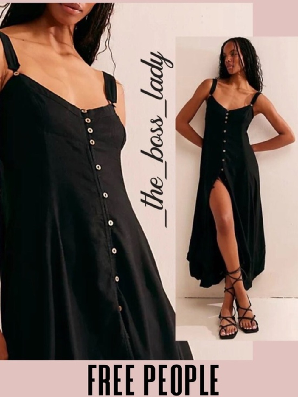 Free People maxi dress or midi linen cotton smocked slit boho